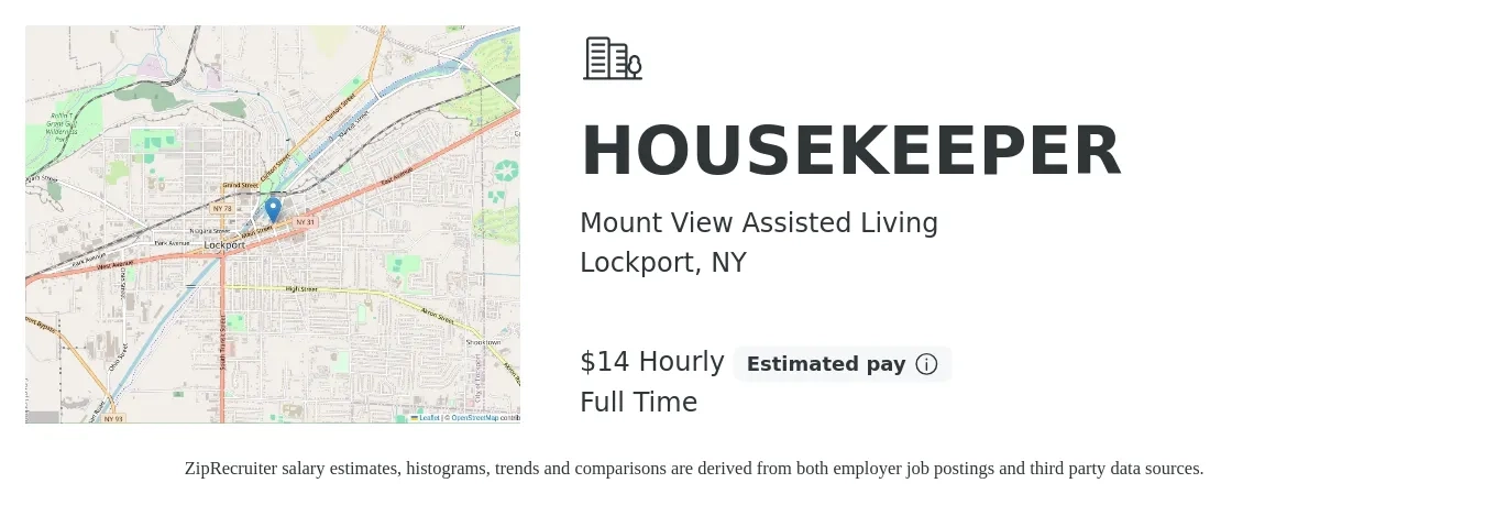Mount View Assisted Living job posting for a HOUSEKEEPER in Lockport, NY with a salary of $15 Hourly with a map of Lockport location.