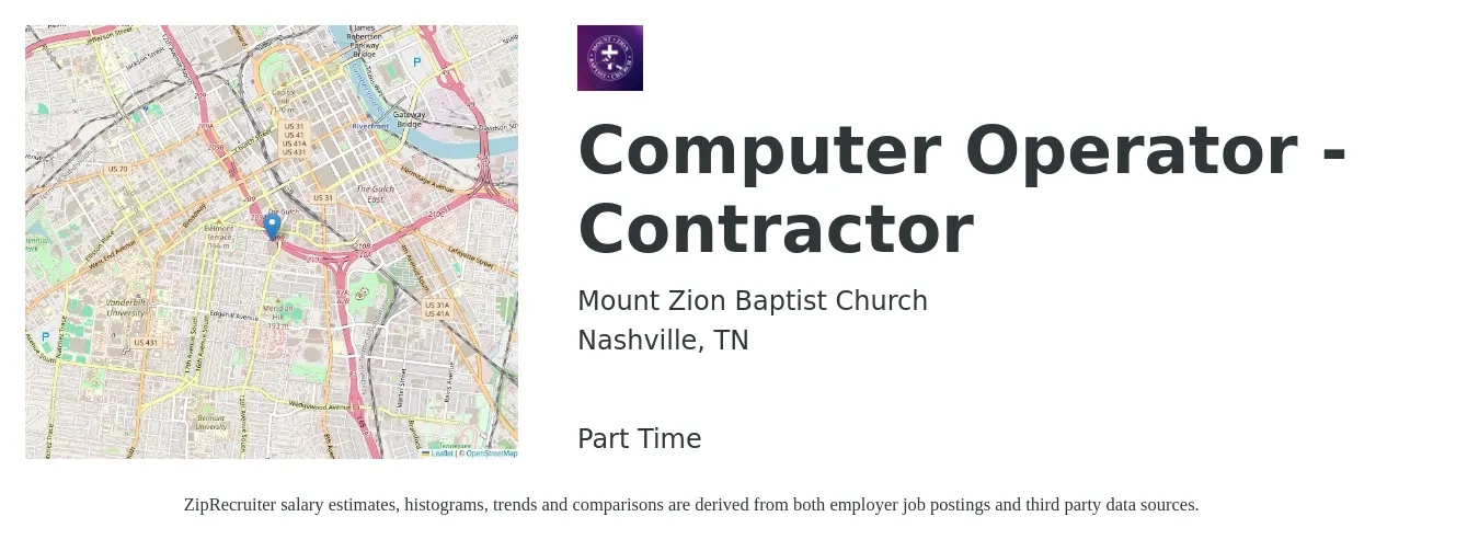 Mount Zion Baptist Church job posting for a Computer Operator - Contractor in Nashville, TN with a salary of $19 to $28 Hourly with a map of Nashville location.