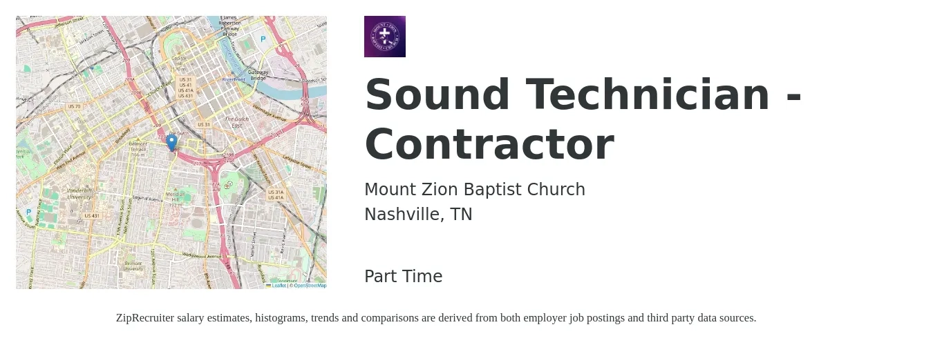 Mount Zion Baptist Church job posting for a Sound Technician - Contractor in Nashville, TN with a salary of $20 to $30 Hourly with a map of Nashville location.