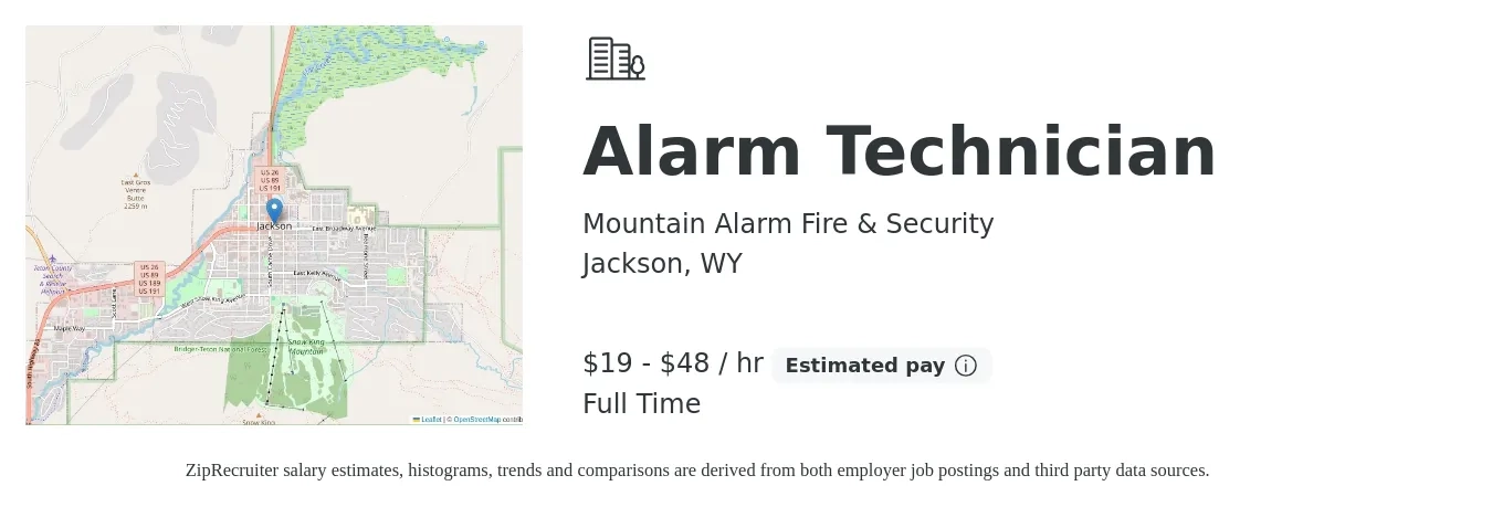 Mountain Alarm Fire & Security job posting for a Alarm Technician in Jackson, WY with a salary of $20 to $50 Hourly with a map of Jackson location.