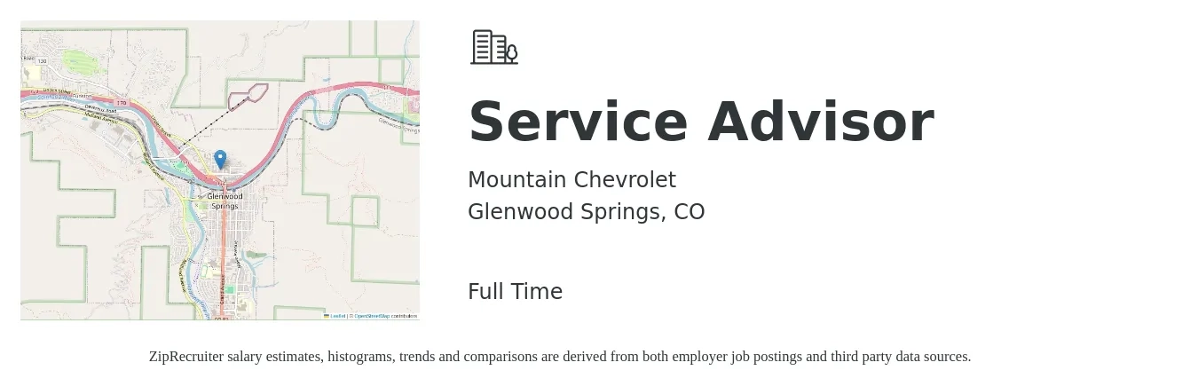 Mountain Chevrolet job posting for a Service Advisor in Glenwood Springs, CO with a salary of $20 to $32 Hourly with a map of Glenwood Springs location.