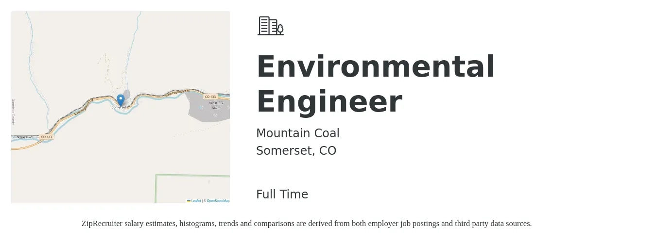 Mountain Coal job posting for a Environmental Engineer in Somerset, CO with a salary of $77,100 to $113,800 Yearly with a map of Somerset location.