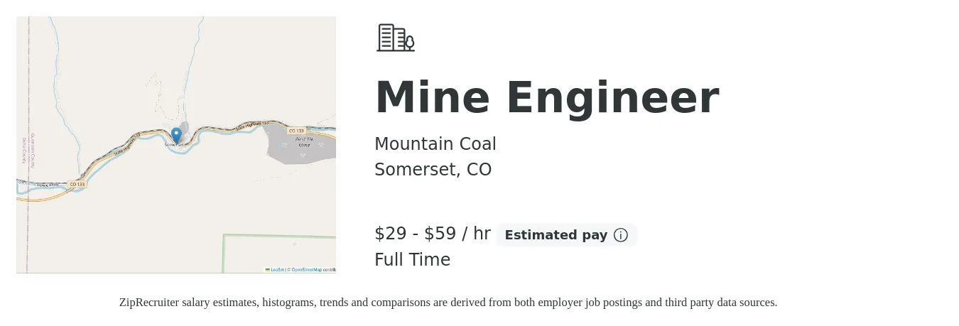 Mountain Coal job posting for a Mine Engineer in Somerset, CO with a salary of $63,950 to $129,408 Yearly with a map of Somerset location.