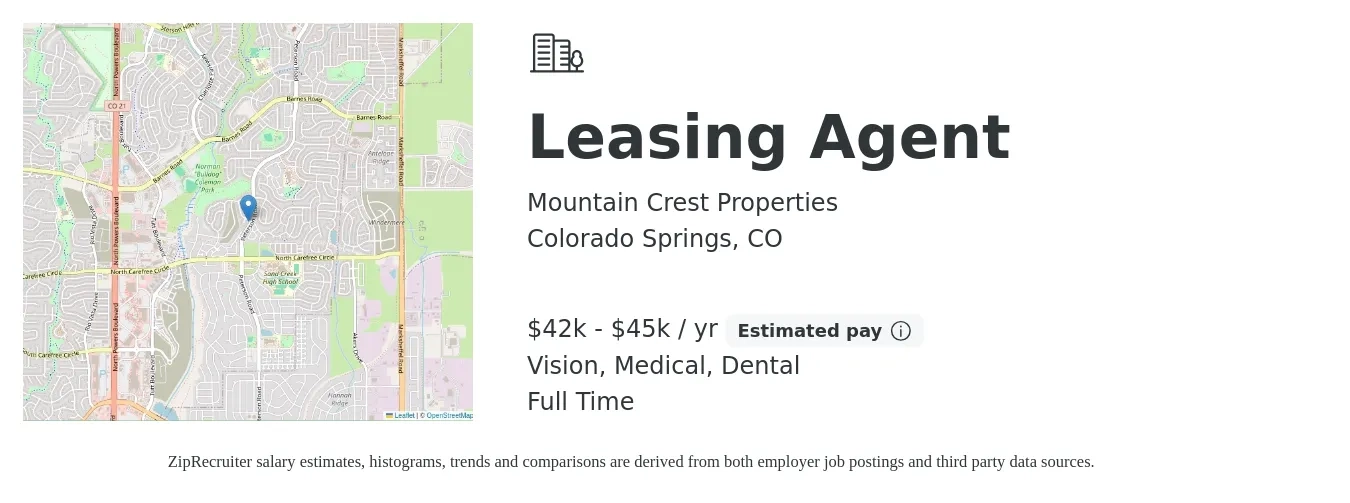Mountain Crest Properties job posting for a Leasing Agent in Colorado Springs, CO with a salary of $42,500 to $45,760 Yearly (plus commission) and benefits including dental, life_insurance, medical, retirement, and vision with a map of Colorado Springs location.