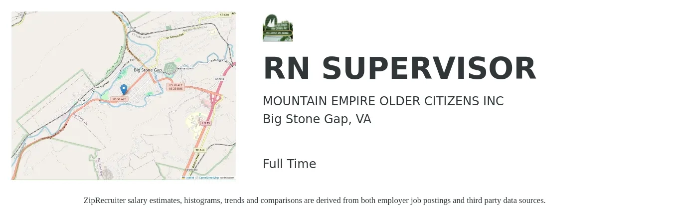 MOUNTAIN EMPIRE OLDER CITIZENS INC job posting for a RN SUPERVISOR in Big Stone Gap, VA with a salary of $39 to $56 Hourly with a map of Big Stone Gap location.