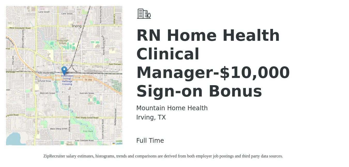 Mountain Home Health job posting for a RN Home Health Clinical Manager-$10,000 Sign-on Bonus in Irving, TX with a salary of $65,900 to $97,000 Yearly with a map of Irving location.