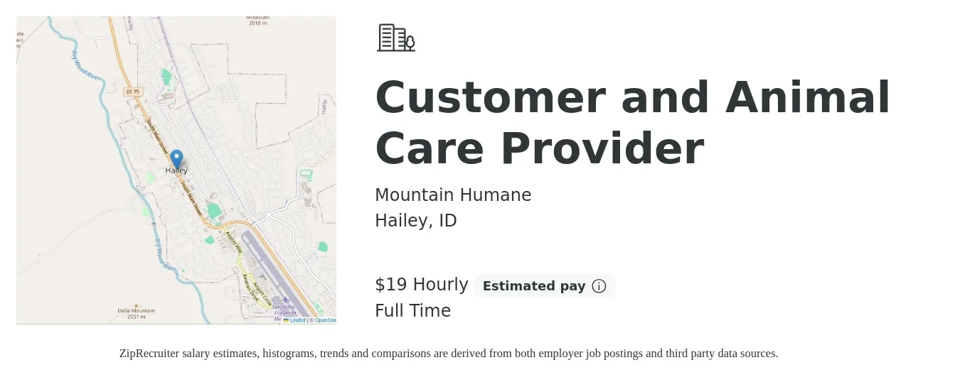 Mountain Humane job posting for a Customer and Animal Care Provider in Hailey, ID with a salary of $20 Hourly with a map of Hailey location.