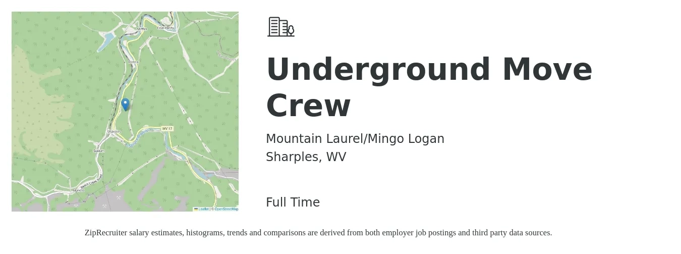 Mountain Laurel/Mingo Logan job posting for a Underground Move Crew in Sharples, WV with a salary of $13 to $16 Hourly with a map of Sharples location.