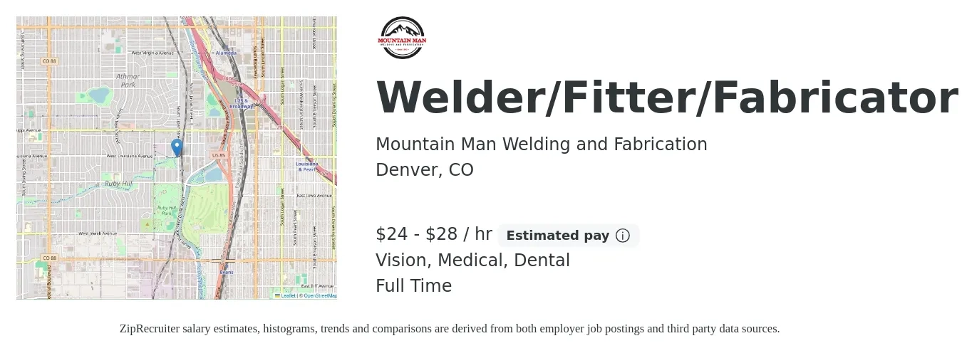 Mountain Man Welding and Fabrication job posting for a Welder/Fitter/Fabricator in Denver, CO with a salary of $25 to $30 Hourly and benefits including retirement, vision, dental, life_insurance, medical, and pto with a map of Denver location.