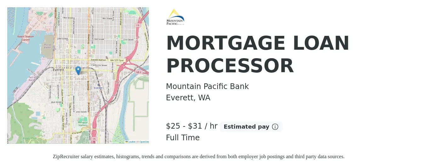 Mountain Pacific Bank job posting for a MORTGAGE LOAN PROCESSOR in Everett, WA with a salary of $26 to $33 Hourly with a map of Everett location.