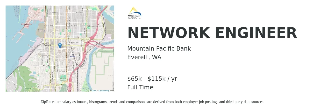 Mountain Pacific Bank job posting for a NETWORK ENGINEER in Everett, WA with a salary of $65,000 to $115,000 Yearly with a map of Everett location.