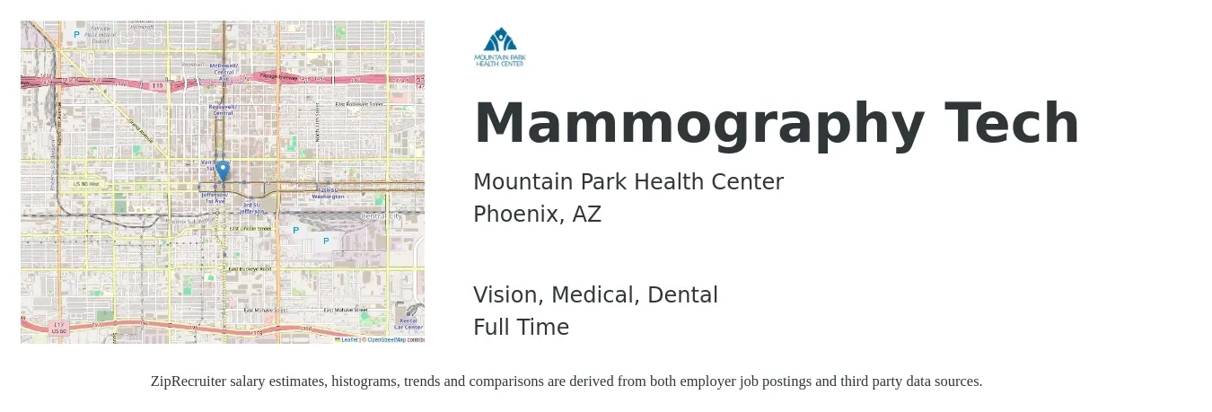 Mountain Park Health Center job posting for a Mammography Tech in Phoenix, AZ with a salary of $1,830 to $2,620 Weekly with a map of Phoenix location.