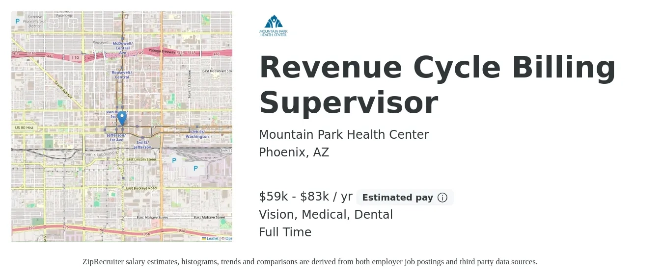 Mountain Park Health Center job posting for a Revenue Cycle Billing Supervisor in Phoenix, AZ with a salary of $59,495 to $83,320 Yearly and benefits including retirement, vision, dental, life_insurance, medical, and pto with a map of Phoenix location.