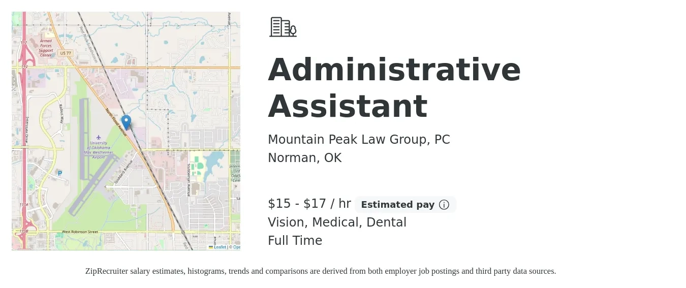 Mountain Peak Law Group, PC job posting for a Administrative Assistant in Norman, OK with a salary of $16 to $18 Hourly and benefits including pto, retirement, vision, dental, life_insurance, and medical with a map of Norman location.