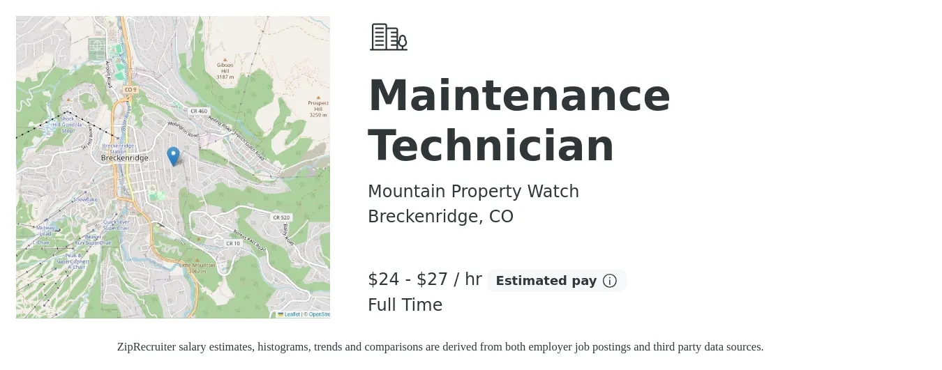 Mountain Property Watch job posting for a Maintenance Technician in Breckenridge, CO with a salary of $25 to $28 Hourly with a map of Breckenridge location.