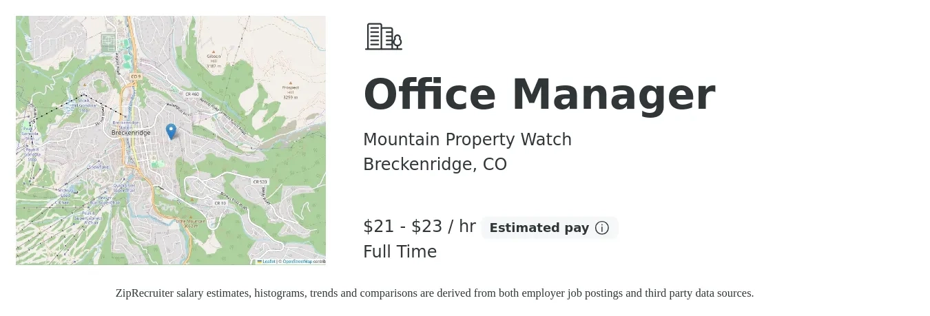 Mountain Property Watch job posting for a Office Manager in Breckenridge, CO with a salary of $22 to $24 Hourly with a map of Breckenridge location.