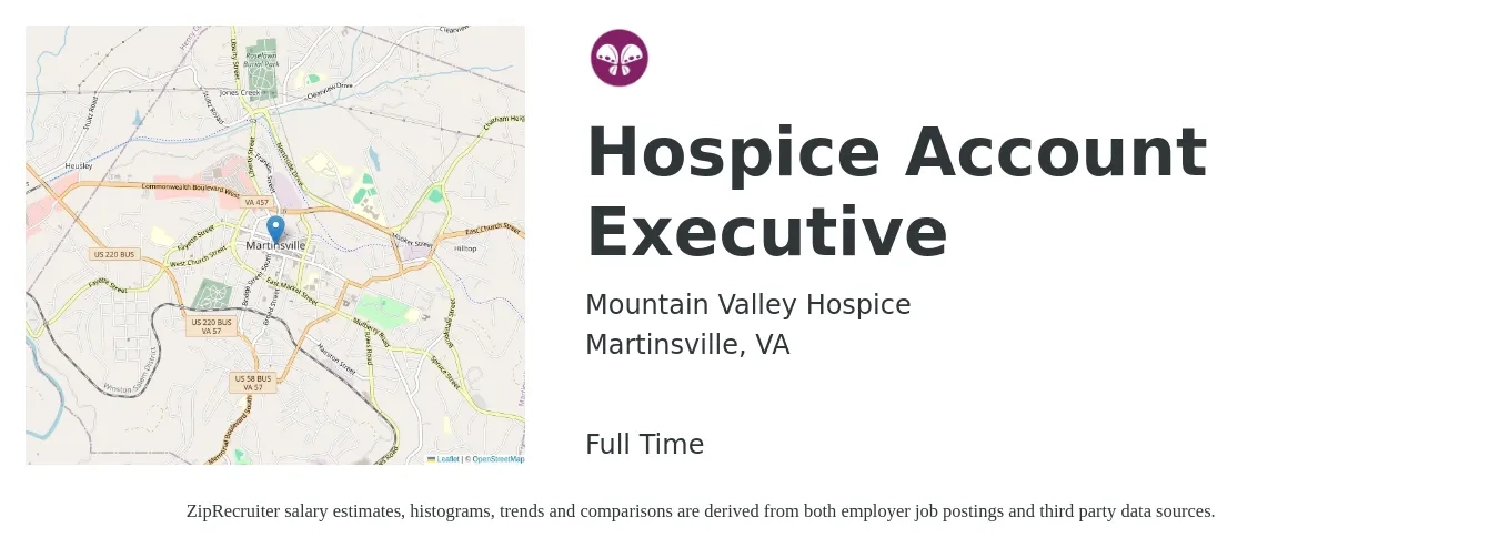 Mountain Valley Hospice job posting for a Hospice Account Executive in Martinsville, VA with a salary of $50,800 to $89,400 Yearly with a map of Martinsville location.