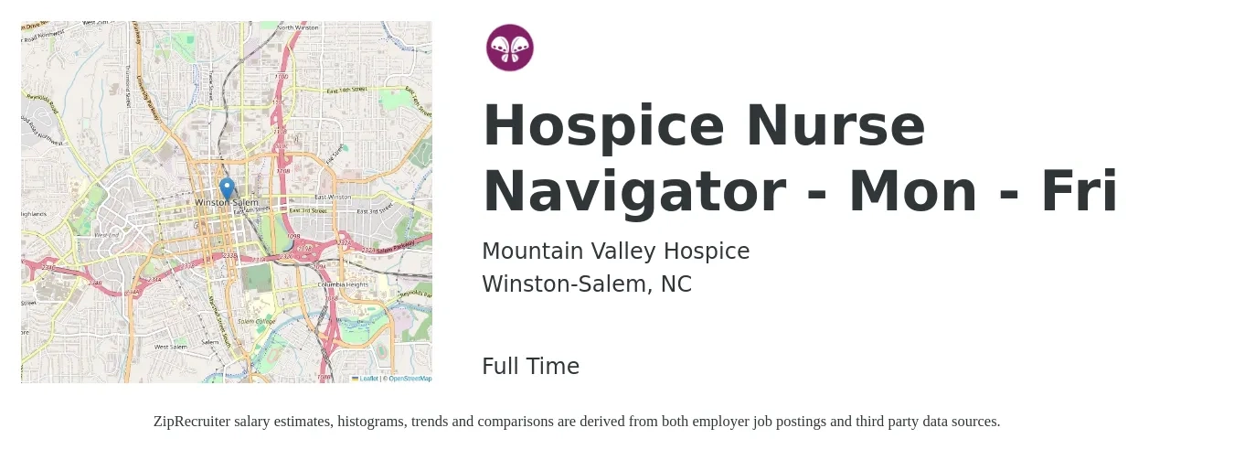 Mountain Valley Hospice job posting for a Hospice Nurse Navigator - Mon - Fri in Winston-Salem, NC with a salary of $68,300 to $86,300 Yearly with a map of Winston-Salem location.