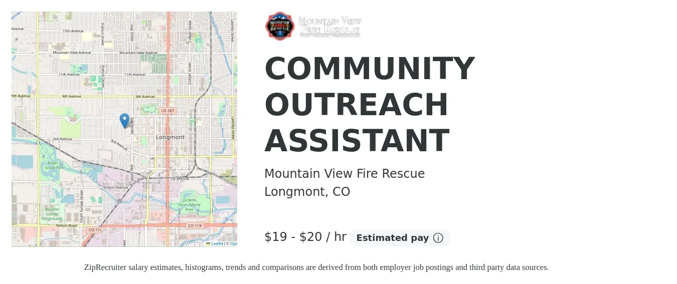 Mountain View Fire Rescue job posting for a COMMUNITY OUTREACH ASSISTANT in Longmont, CO with a salary of $20 to $22 Hourly with a map of Longmont location.