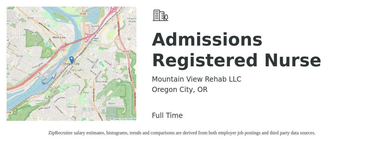 Mountain View Rehab LLC job posting for a Admissions Registered Nurse in Oregon City, OR with a salary of $38 to $54 Hourly with a map of Oregon City location.