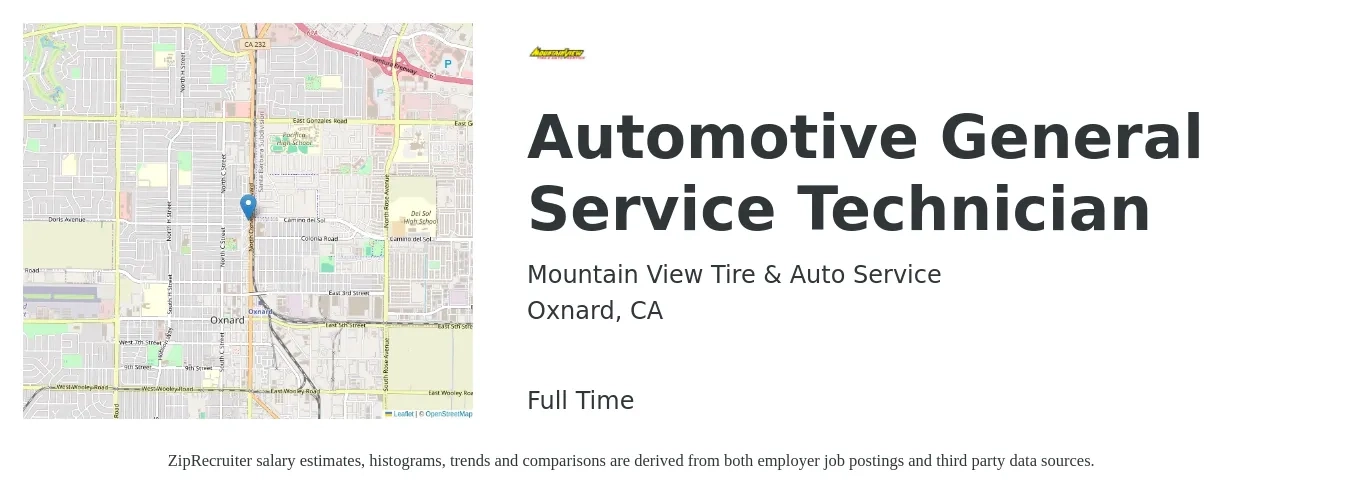 Mountain View Tire & Auto Service job posting for a Automotive General Service Technician in Oxnard, CA with a salary of $16 to $22 Hourly with a map of Oxnard location.