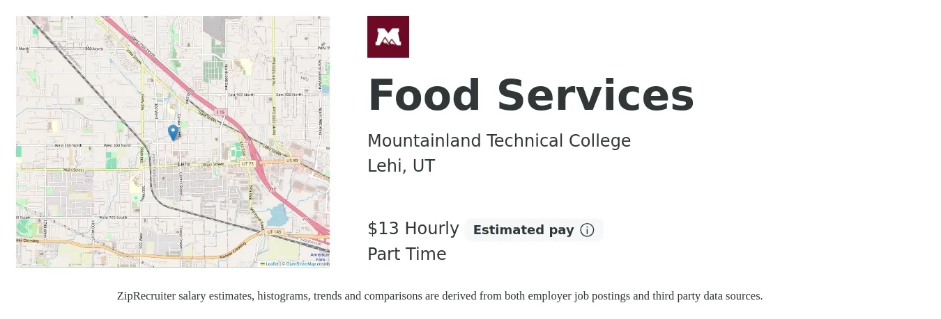 Mountainland Technical College job posting for a Food Services in Lehi, UT with a salary of $14 Hourly with a map of Lehi location.