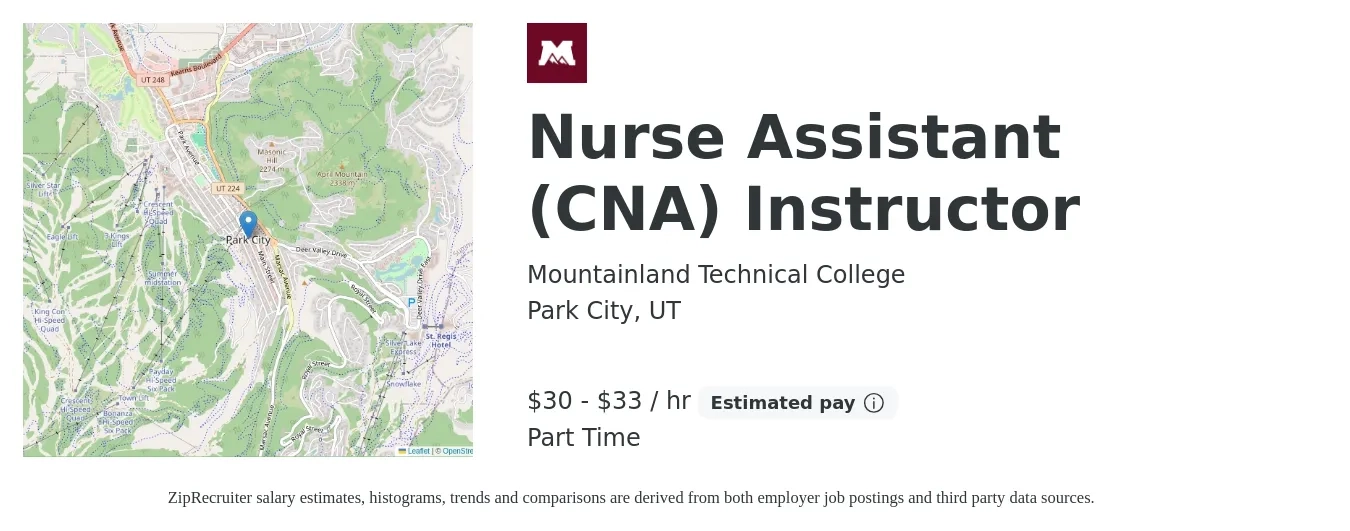 Mountainland Technical College job posting for a Nurse Assistant (CNA) Instructor in Park City, UT with a salary of $31 to $35 Hourly with a map of Park City location.