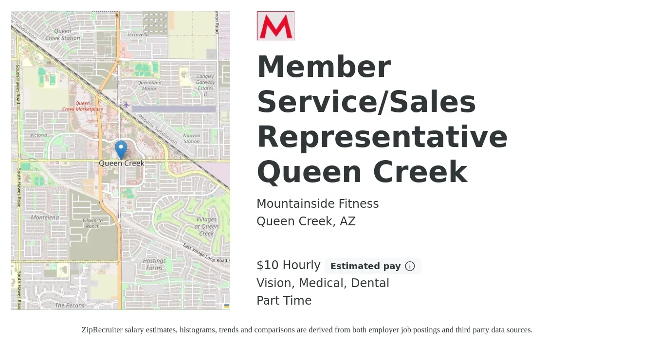 Mountainside Fitness job posting for a Member Service/Sales Representative Queen Creek in Queen Creek, AZ with a salary of $11 Hourly (plus commission) and benefits including medical, vision, dental, and life_insurance with a map of Queen Creek location.