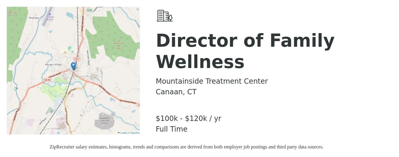 Mountainside Treatment Center job posting for a Director of Family Wellness in Canaan, CT with a salary of $100,000 to $120,000 Yearly with a map of Canaan location.