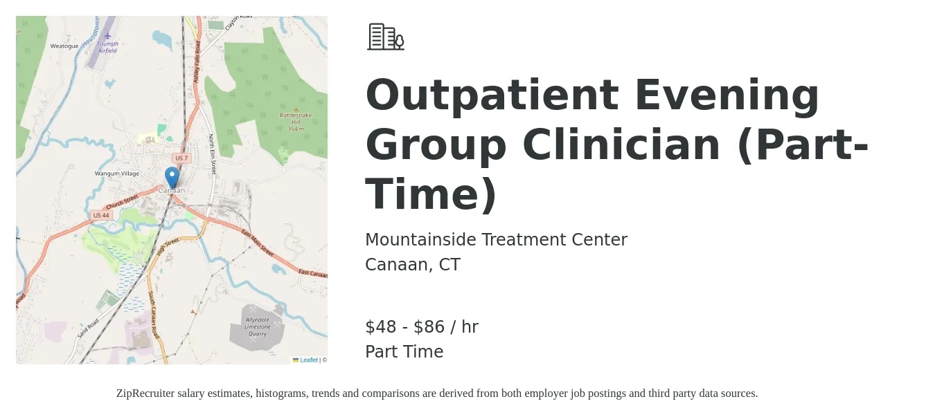 Mountainside Treatment Center job posting for a Outpatient Evening Group Clinician (Part-Time) in Canaan, CT with a salary of $50 to $75 Hourly with a map of Canaan location.
