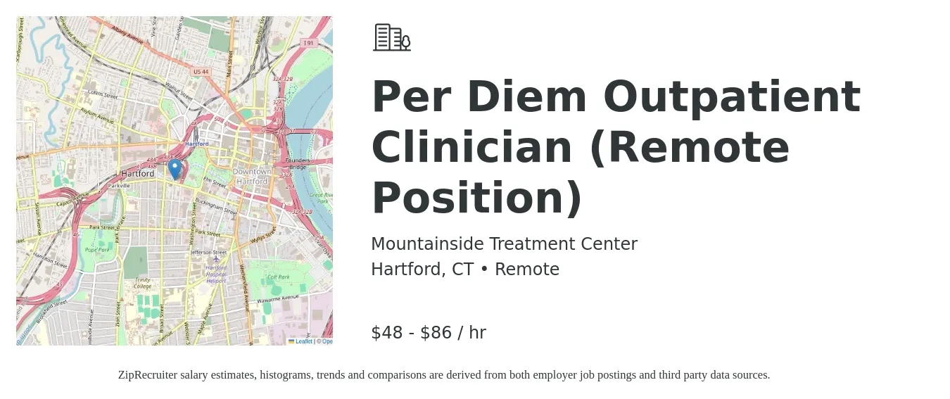 Mountainside Treatment Center job posting for a Per Diem Outpatient Clinician (Remote Position) in Hartford, CT with a salary of $50 to $75 Hourly with a map of Hartford location.