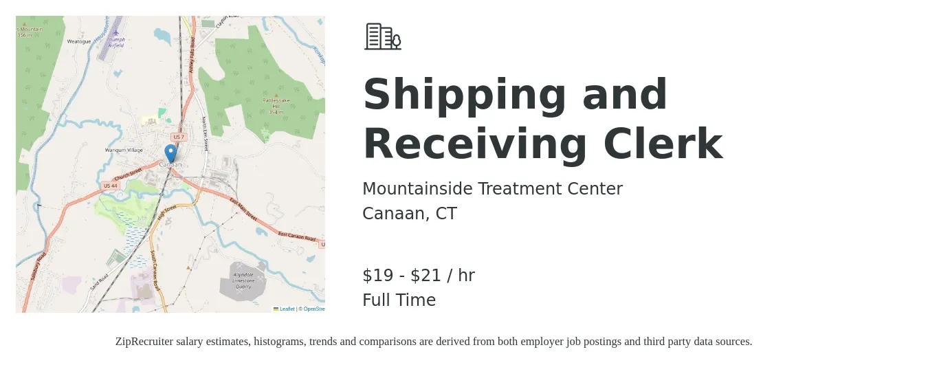 Mountainside Treatment Center job posting for a Shipping and Receiving Clerk in Canaan, CT with a salary of $20 to $22 Hourly with a map of Canaan location.