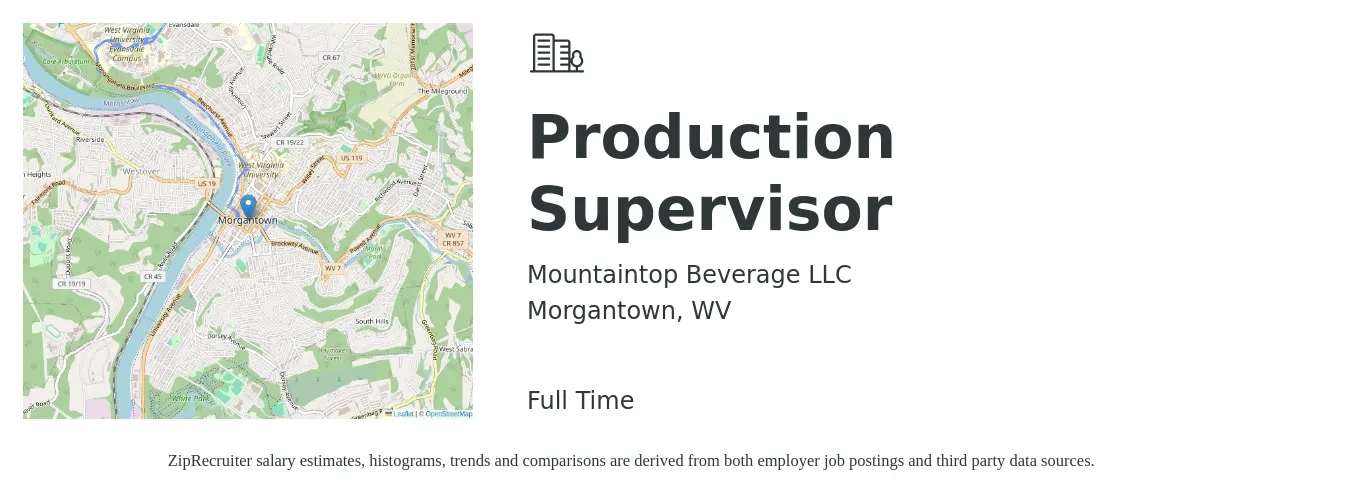 Mountaintop Beverage LLC job posting for a Production Supervisor in Morgantown, WV with a salary of $57,600 to $82,800 Yearly with a map of Morgantown location.