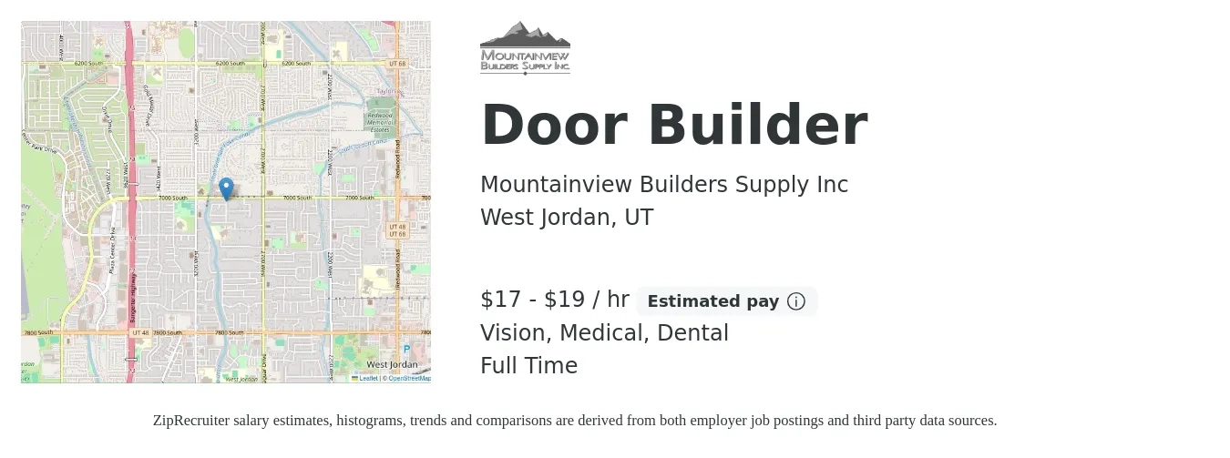 Mountainview Builders Supply Inc job posting for a Door Builder in West Jordan, UT with a salary of $18 to $20 Hourly and benefits including dental, life_insurance, medical, pto, retirement, and vision with a map of West Jordan location.