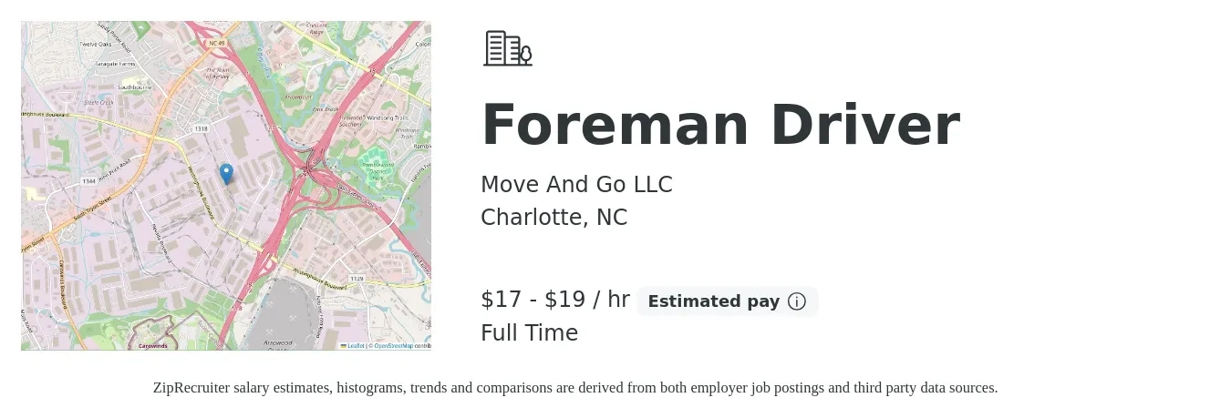 Move And Go LLC job posting for a Foreman Driver in Charlotte, NC with a salary of $18 to $20 Hourly with a map of Charlotte location.
