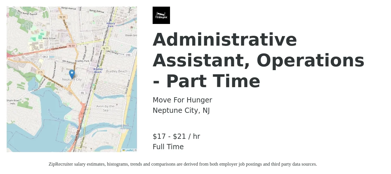 Move For Hunger job posting for a Administrative Assistant, Operations - Part Time in Neptune City, NJ with a salary of $18 to $20 Hourly with a map of Neptune City location.