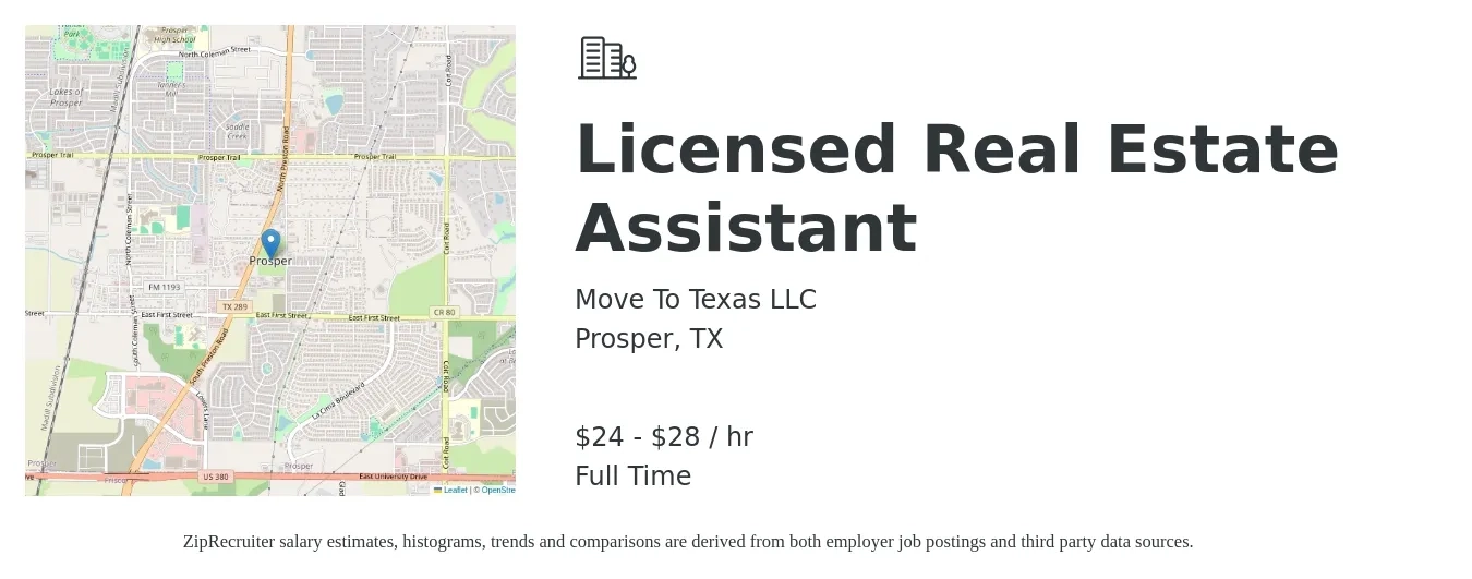 Move To Texas LLC job posting for a Licensed Real Estate Assistant in Prosper, TX with a salary of $25 to $30 Hourly with a map of Prosper location.