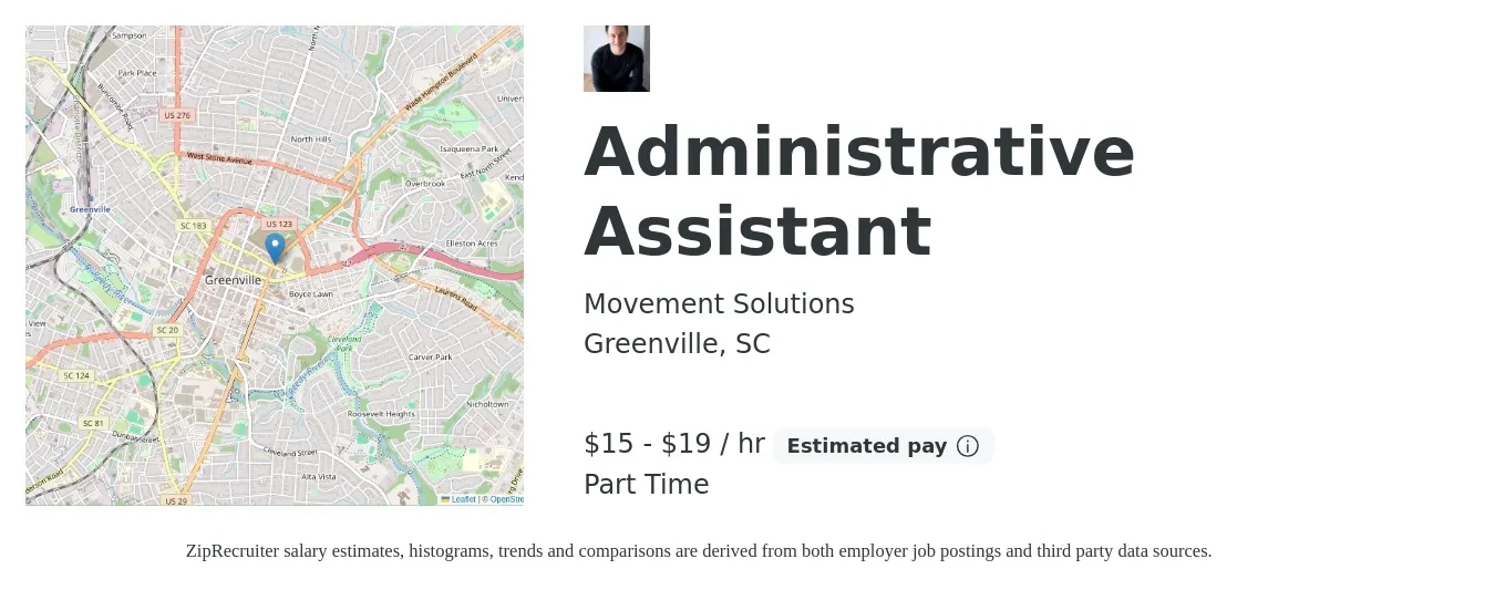 Movement Solutions job posting for a Administrative Assistant in Greenville, SC with a salary of $16 to $20 Hourly with a map of Greenville location.
