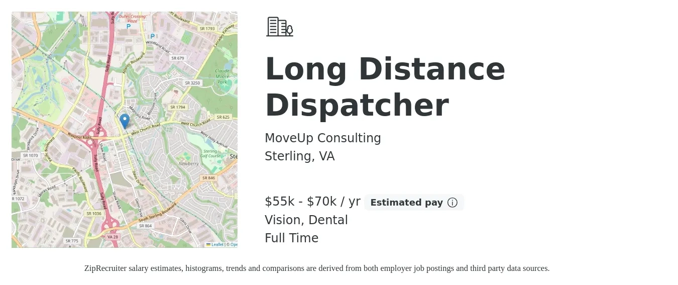 MoveUp Consulting job posting for a Long Distance Dispatcher in Sterling, VA with a salary of $55,000 to $70,000 Yearly and benefits including vision, dental, life_insurance, pto, and retirement with a map of Sterling location.
