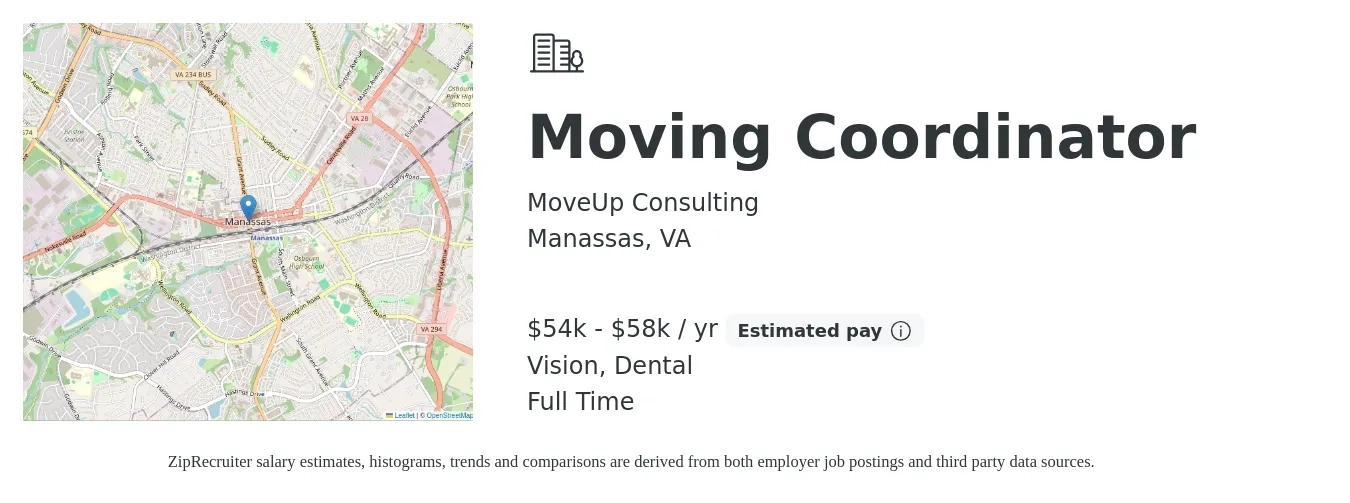 MoveUp Consulting job posting for a Moving Coordinator in Manassas, VA with a salary of $54,000 to $58,000 Yearly and benefits including vision, and dental with a map of Manassas location.