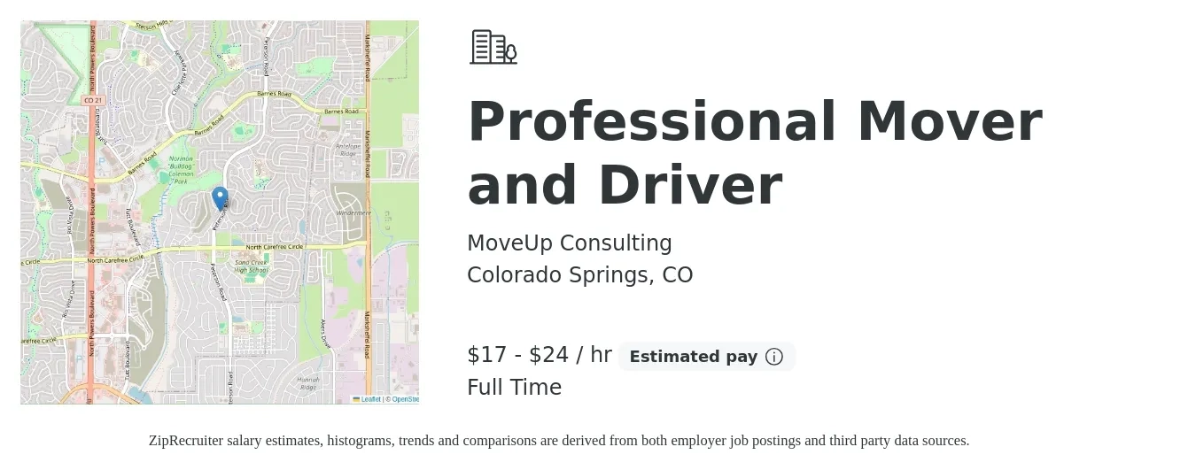 MoveUp Consulting job posting for a Professional Mover and Driver in Colorado Springs, CO with a salary of $18 to $25 Hourly and benefits including retirement with a map of Colorado Springs location.
