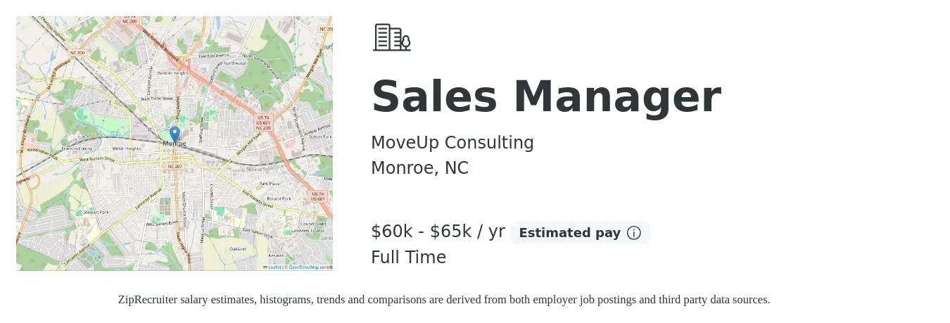 MoveUp Consulting job posting for a Sales Manager in Monroe, NC with a salary of $60,000 to $65,000 Yearly and benefits including pto with a map of Monroe location.