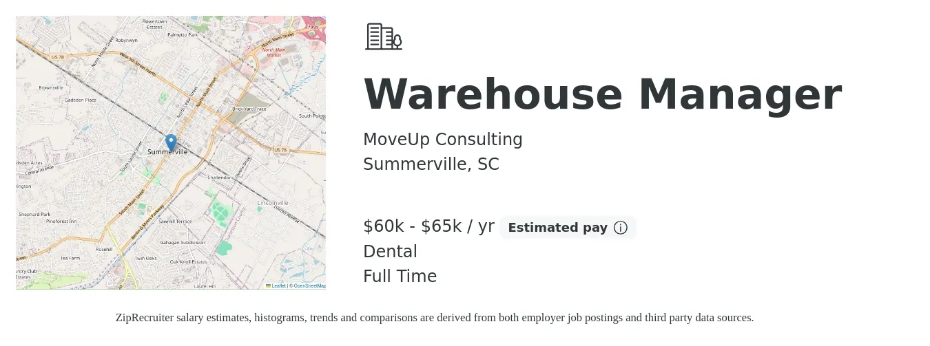 MoveUp Consulting job posting for a Warehouse Manager in Summerville, SC with a salary of $60,000 to $65,000 Yearly and benefits including retirement, and dental with a map of Summerville location.
