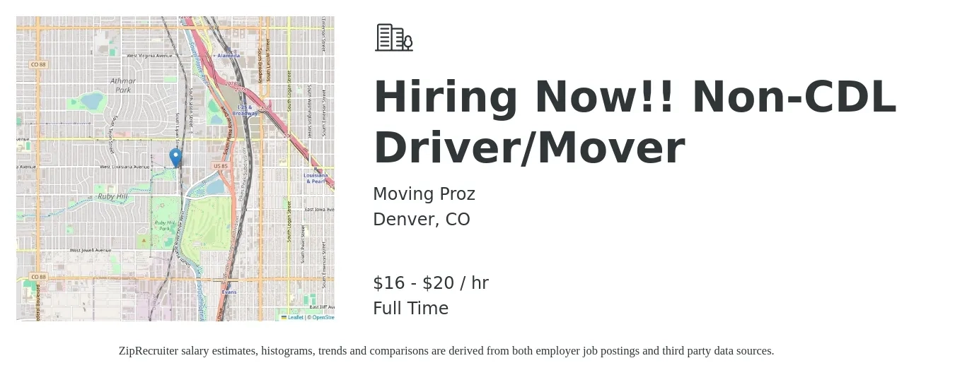 Moving Proz job posting for a Hiring Now!! Non-CDL Driver/Mover in Denver, CO with a salary of $17 to $21 Hourly with a map of Denver location.