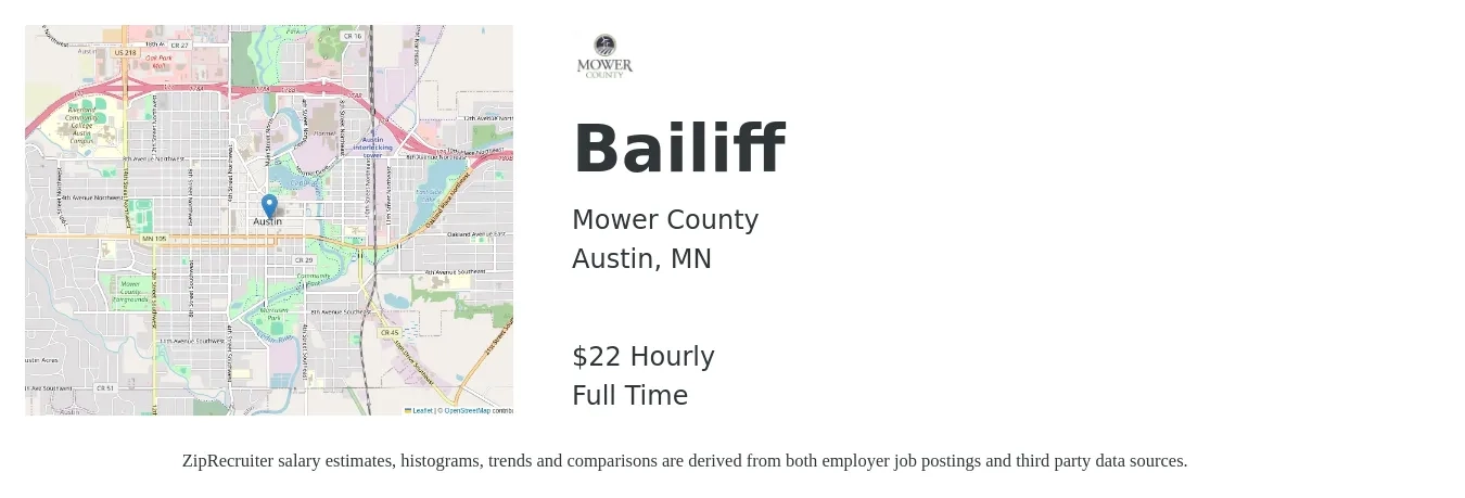 Mower County job posting for a Bailiff in Austin, MN with a salary of $23 Hourly with a map of Austin location.