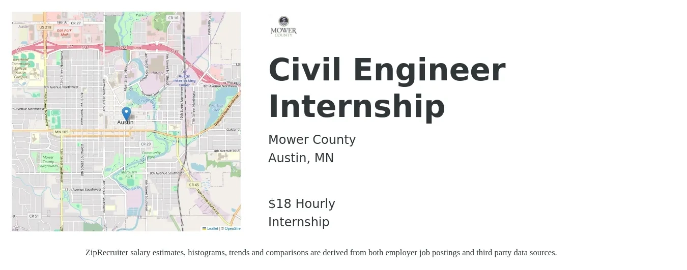 Mower County job posting for a Civil Engineer Internship in Austin, MN with a salary of $19 Hourly with a map of Austin location.