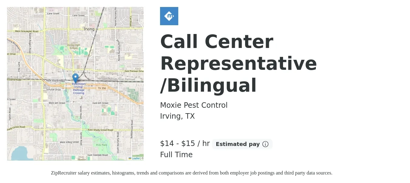 Moxie Pest Control job posting for a Call Center Representative /Bilingual in Irving, TX with a salary of $15 to $16 Hourly with a map of Irving location.