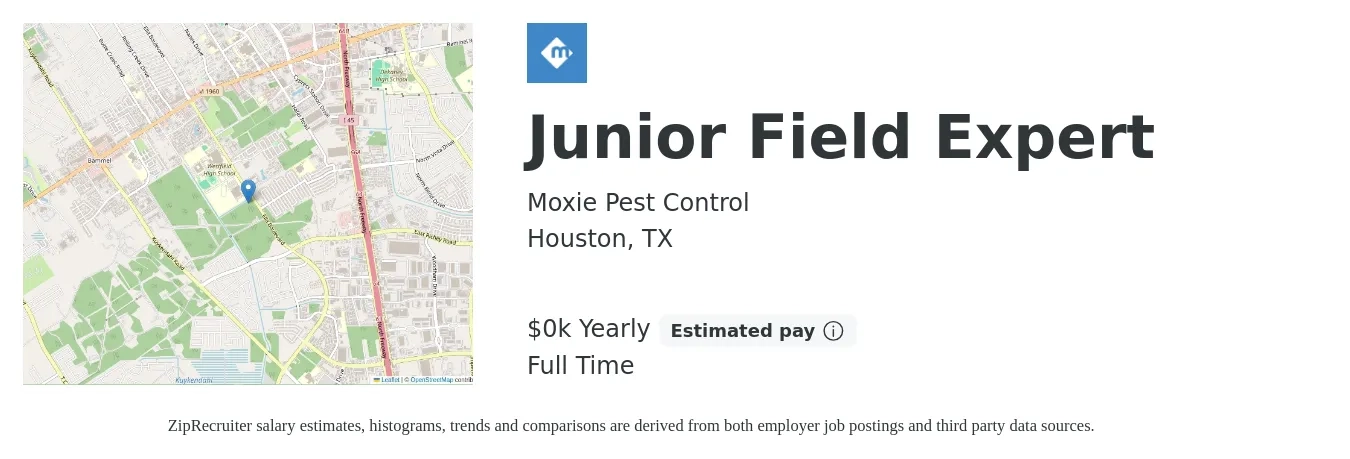Moxie Pest Control job posting for a Junior Field Expert in Houston, TX with a salary of $15 to $17 Hourly with a map of Houston location.