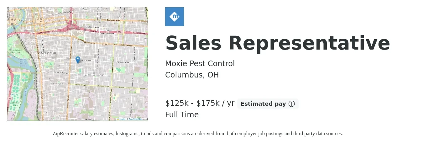 Moxie Pest Control job posting for a Sales Representative in Columbus, OH with a salary of $125,000 to $175,000 Yearly with a map of Columbus location.
