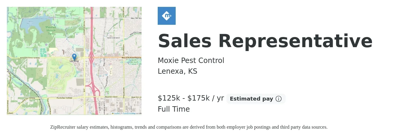 Moxie Pest Control job posting for a Sales Representative in Lenexa, KS with a salary of $125,000 to $175,000 Yearly with a map of Lenexa location.